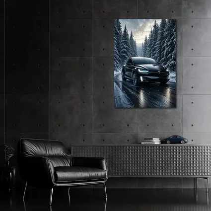 Tesla Model X Black Winter Snow Forest