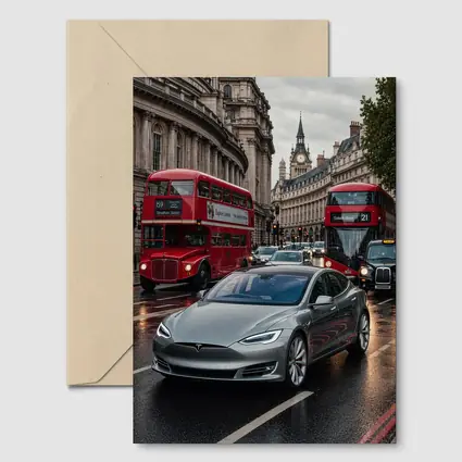 Tesla Model S London Streets Rainy Day