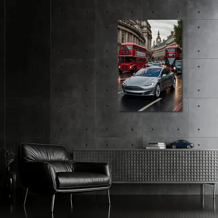Tesla Model S London Streets Rainy Day