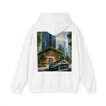 Tesla Model Y Modern City Glass Buildings