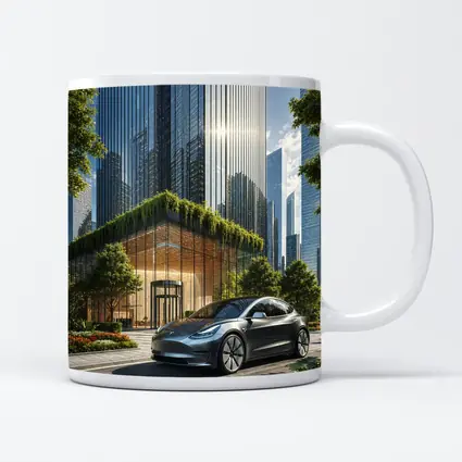 Tesla Model Y Modern City Glass Buildings