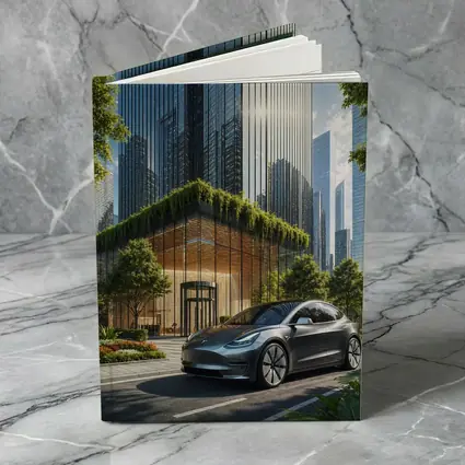 Tesla Model Y Modern City Glass Buildings
