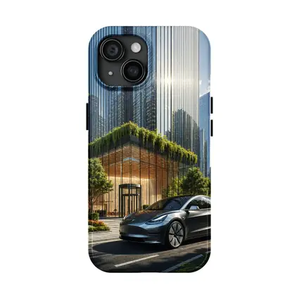 Tesla Model Y Modern City Glass Buildings