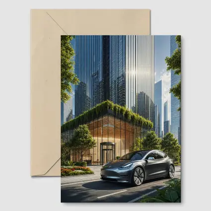 Tesla Model Y Modern City Glass Buildings