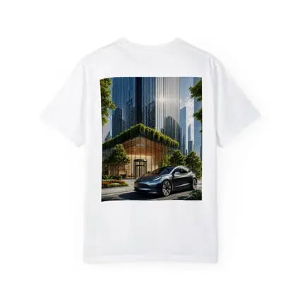 Tesla Model Y Modern City Glass Buildings