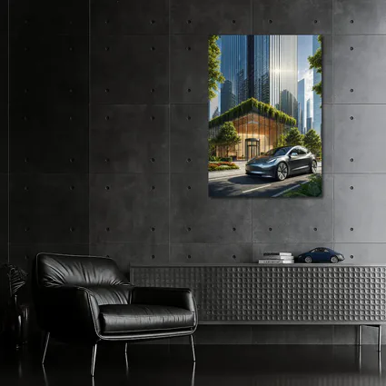 Tesla Model Y Modern City Glass Buildings