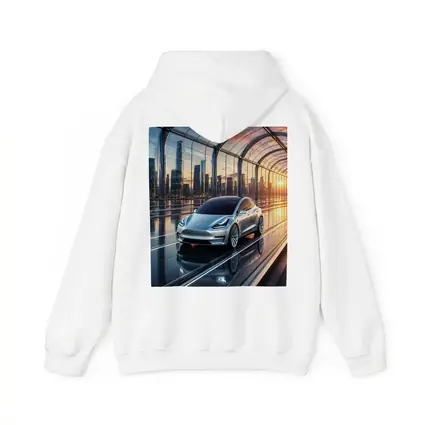 Tesla Model Y Futuristic City Skyline