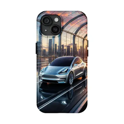 Tesla Model Y Futuristic City Skyline