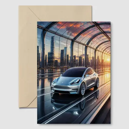 Tesla Model Y Futuristic City Skyline