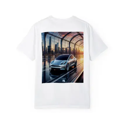 Tesla Model Y Futuristic City Skyline