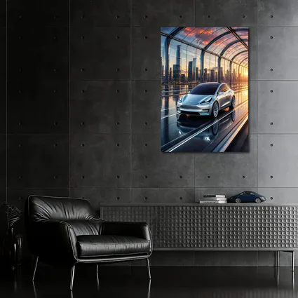 Tesla Model Y Futuristic City Skyline