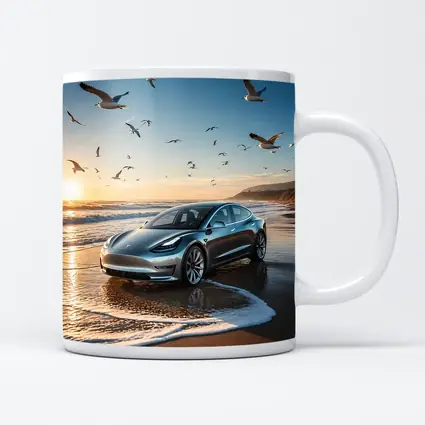 Tesla Model 3 Beach Sunset Seagulls Scene