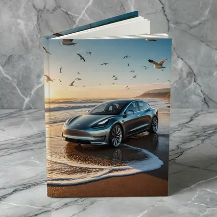 Tesla Model 3 Beach Sunset Seagulls Scene