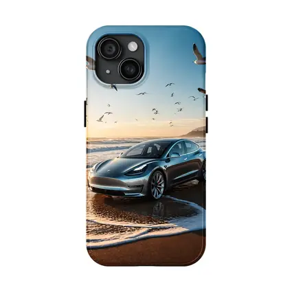 Tesla Model 3 Beach Sunset Seagulls Scene