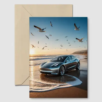 Tesla Model 3 Beach Sunset Seagulls Scene
