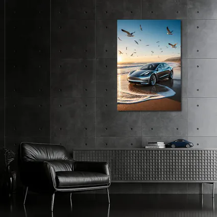 Tesla Model 3 Beach Sunset Seagulls Scene