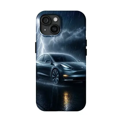 Tesla Model Y Driving Through Lightning Storm