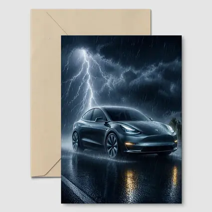 Tesla Model Y Driving Through Lightning Storm