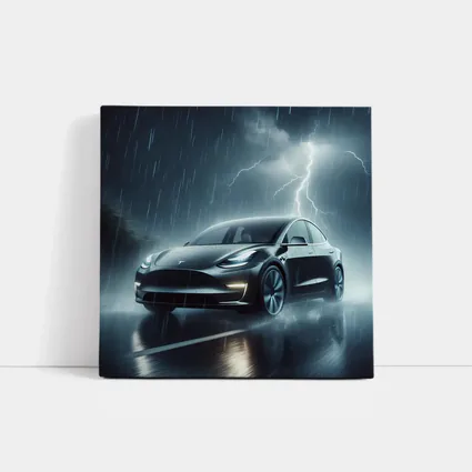 Tesla Model Y in Dark Thunderstorm Rain