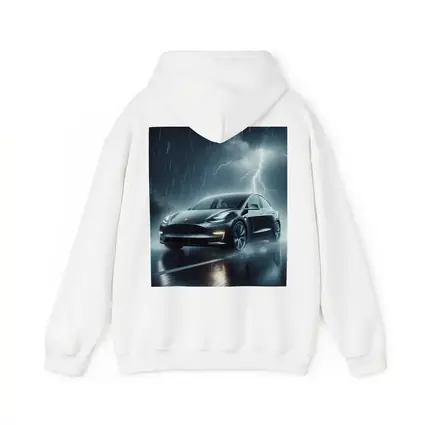 Tesla Model Y in Dark Thunderstorm Rain