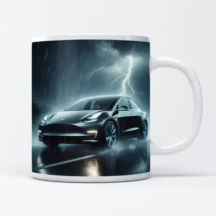 Tesla Model Y in Dark Thunderstorm Rain
