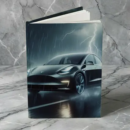 Tesla Model Y in Dark Thunderstorm Rain