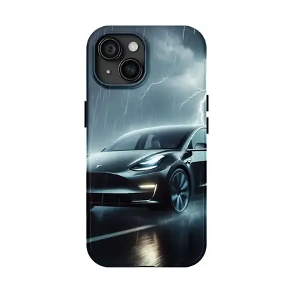 Tesla Model Y in Dark Thunderstorm Rain