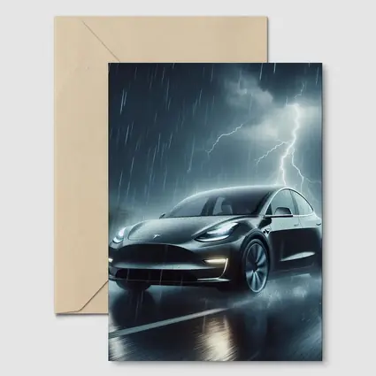 Tesla Model Y in Dark Thunderstorm Rain