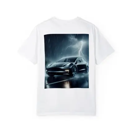Tesla Model Y in Dark Thunderstorm Rain
