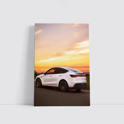Tesla Model Y White Car Sunset Sky