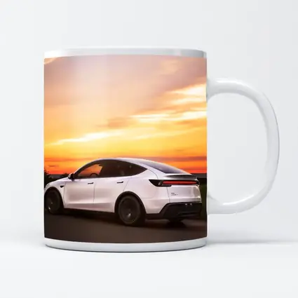 Tesla Model Y White Car Sunset Sky