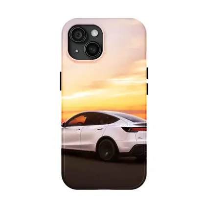 Tesla Model Y White Car Sunset Sky