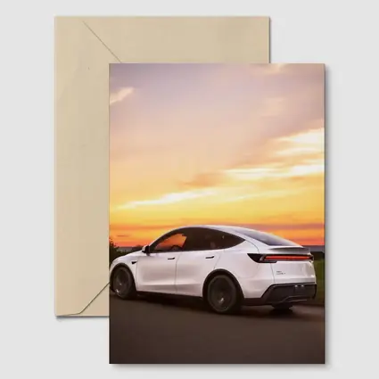 Tesla Model Y White Car Sunset Sky