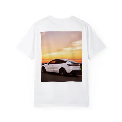 Tesla Model Y White Car Sunset Sky