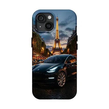Tesla Model Y Black Paris Eiffel Tower Night
