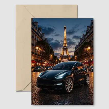 Tesla Model Y Black Paris Eiffel Tower Night
