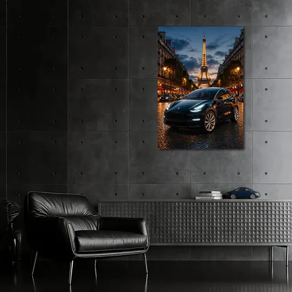 Tesla Model Y Black Paris Eiffel Tower Night