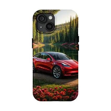 Red Tesla Model Y By Forest Lake