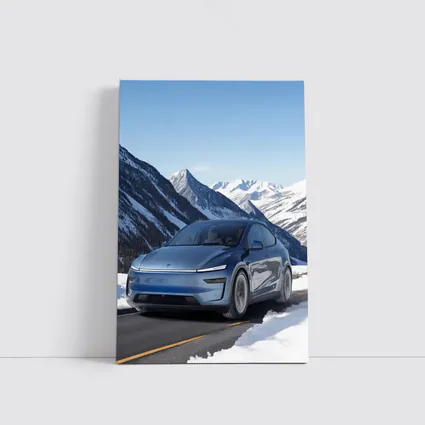 Tesla Model Y Blue Snowy Mountain Road