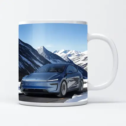 Tesla Model Y Blue Snowy Mountain Road