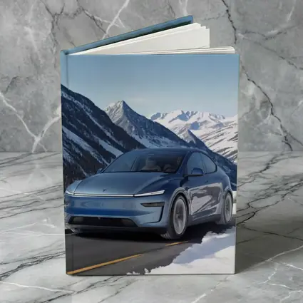 Tesla Model Y Blue Snowy Mountain Road