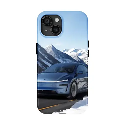 Tesla Model Y Blue Snowy Mountain Road