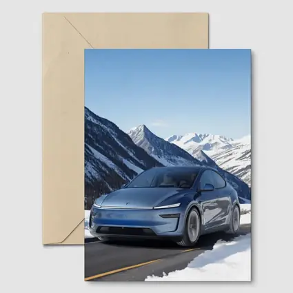 Tesla Model Y Blue Snowy Mountain Road