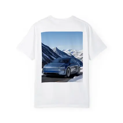 Tesla Model Y Blue Snowy Mountain Road
