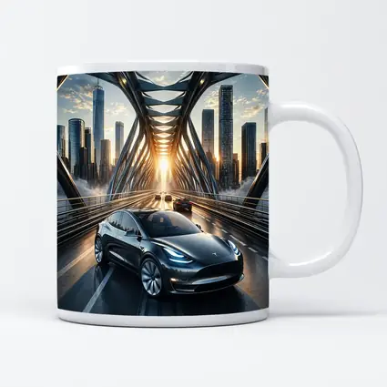 Tesla Model Y On City Bridge Sunset