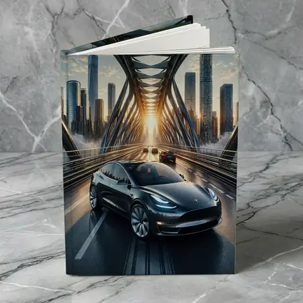 Tesla Model Y On City Bridge Sunset