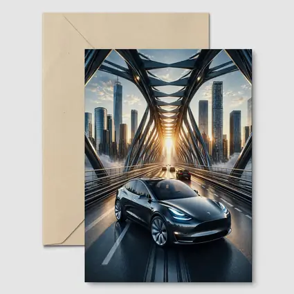Tesla Model Y On City Bridge Sunset