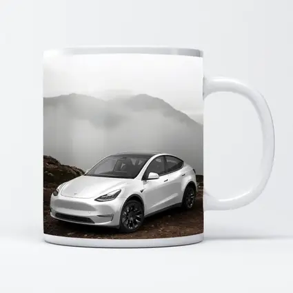 Tesla Model Y White Foggy Mountain Setting