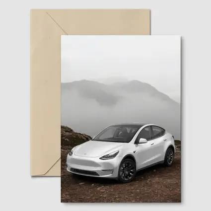 Tesla Model Y White Foggy Mountain Setting