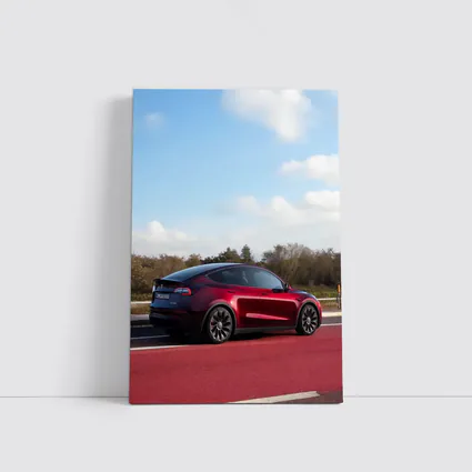 Tesla Model Y Red Street Blue Sky